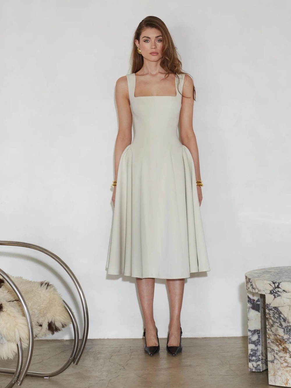 Delfi Collective Madeline Square-Neck Peplum Midi Dress in Chalk Sz XS $398 NEW